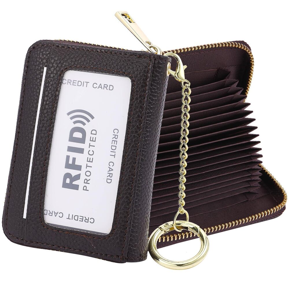 7256 Leather Card Holder Wallet, 20 Card Slots RFID Blocking Zipper Card